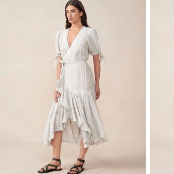 Maggie The Label 100% Linen Stevie Ruffled Wrap Dress Mint Grey Australia - Picture 8 of 12